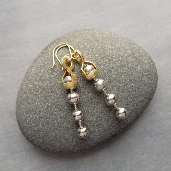 Gold & Silver Ball Chain Earrings, small raw brass hooks, mixed metal, long narrow dangle, round beaded earring, silver and gold earrings