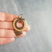 Large Round Antique Bronze Earrings, tribal style medallions, beaded edge, rustic antique brass earring, lightweight ox brass gold triangle