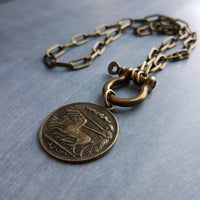 Antique Bronze Shackle Coin Necklace, chunky aged brass chain, thick front clasp, oval paperclip chain, big horse shoe screw clasp, large
