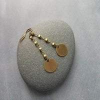 Antique Brass Chain Earrings, bronze disk earring, delicate thin earring, antique bronze round dangle, bronze chain, lightweight aged brass