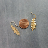 Little Gold Oak Leaf Earrings - raw brass leaves dangle on gold plated simple hooks or upgraded 14K SOLID GOLD hooks, tiny brass detailed leaf charm, autumn dangle, minimalist fall jewelry gift for her, acorn oak tree jewelry