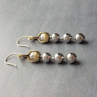 Gold & Silver Ball Chain Earrings, small raw brass hooks, mixed metal, long narrow dangle, round beaded earring, silver and gold earrings