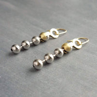 Gold & Silver Ball Chain Earrings, small raw brass hooks, mixed metal, long narrow dangle, round beaded earring, silver and gold earrings