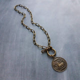 Antique Bronze Shackle Coin Necklace, chunky aged brass chain, thick front clasp, oval paperclip chain, big horse shoe screw clasp, large