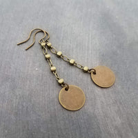 Antique Brass Chain Earrings, bronze disk earring, delicate thin earring, antique bronze round dangle, bronze chain, lightweight aged brass