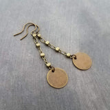 Antique Brass Chain Earrings, bronze disk earring, delicate thin earring, antique bronze round dangle, bronze chain, lightweight aged brass
