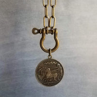 Antique Bronze Shackle Coin Necklace, chunky aged brass chain, thick front clasp, oval paperclip chain, big horse shoe screw clasp, large