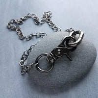 Thick Gunmetal Chain Necklace, double front clasp, silvery gun black metal round O link, chunky necklace, large oval clip, big lobster clasp