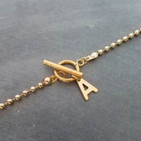 Gold Ball Chain Necklace & Letter Charm, chunky chain, gold letter initial necklace, toggle clasp necklace, front clasp