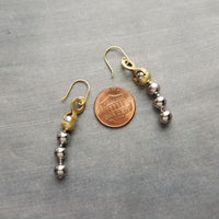 Gold & Silver Ball Chain Earrings, small raw brass hooks, mixed metal, long narrow dangle, round beaded earring, silver and gold earrings