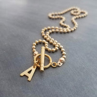 Gold Ball Chain Necklace & Letter Charm, chunky chain, gold letter initial necklace, toggle clasp necklace, front clasp