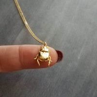 Little Gold Beetle Necklace, small beetle pendant, thin delicate 18in chain, rose June bug, 14K gold fill chain opt, 3D insect bug charm jewelry, gold bug necklace