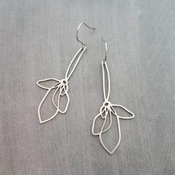 Stainless Steel Long Flower Earrings, long silver earrings, large lightweight earrings, cut out earrings, big earrings, flower outline earring