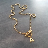 Gold Ball Chain Necklace & Letter Charm, chunky chain, gold letter initial necklace, toggle clasp necklace, front clasp