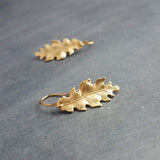 Little Gold Oak Leaf Earrings - raw brass leaves dangle on gold plated simple hooks or upgraded 14K SOLID GOLD hooks, tiny brass detailed leaf charm, autumn dangle, minimalist fall jewelry gift for her, acorn oak tree jewelry
