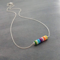 Silver Disk Necklace, colorful necklace, multicolor necklace, clay rainbow necklace, cheerful necklace, round rainbow disc necklace