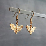 Gold Moth Earrings, insect earrings, moth jewelry, gold insect, bug earrings, transformation earrings, small moth dangles, moth charms