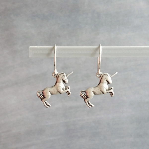 Unicorn Earrings, small silver unicorns, prancing unicorn earring, unicorn dangle, little silver unicorn, mythical creature earring, fairy tale horse, Scotland Scottish symbol