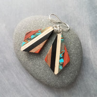 Wood Resin Stripe Earrings, natural wood strips, turquoise swirls, black brown rust wood tones, stainless steel hook upgrade, sterling silver hook upgrade, kite shaped earring, lightweight wood earrings, clear resin