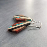 Wood Resin Stripe Earrings, natural wood strips, turquoise swirls, black brown rust wood tones, stainless steel hook upgrade, sterling silver hook upgrade, kite shaped earring, lightweight wood earrings, clear resin