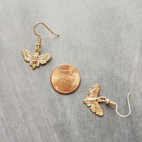 Gold Moth Earrings, insect earrings, moth jewelry, gold insect, bug earrings, transformation earrings, small moth dangles, moth charms