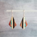 Wood Resin Stripe Earrings, natural wood strips, turquoise swirls, black brown rust wood tones, stainless steel hook upgrade, sterling silver hook upgrade, kite shaped earring, lightweight wood earrings, clear resin