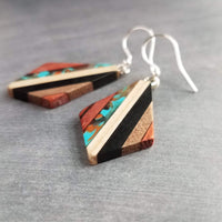 Wood Resin Stripe Earrings, natural wood strips, turquoise swirls, black brown rust wood tones, stainless steel hook upgrade, sterling silver hook upgrade, kite shaped earring, lightweight wood earrings, clear resin