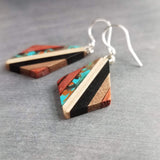 Wood Resin Stripe Earrings, natural wood strips, turquoise swirls, black brown rust wood tones, stainless steel hook upgrade, sterling silver hook upgrade, kite shaped earring, lightweight wood earrings, clear resin