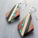 Wood Resin Stripe Earrings, natural wood strips, turquoise swirls, black brown rust wood tones, stainless steel hook upgrade, sterling silver hook upgrade, kite shaped earring, lightweight wood earrings, clear resin