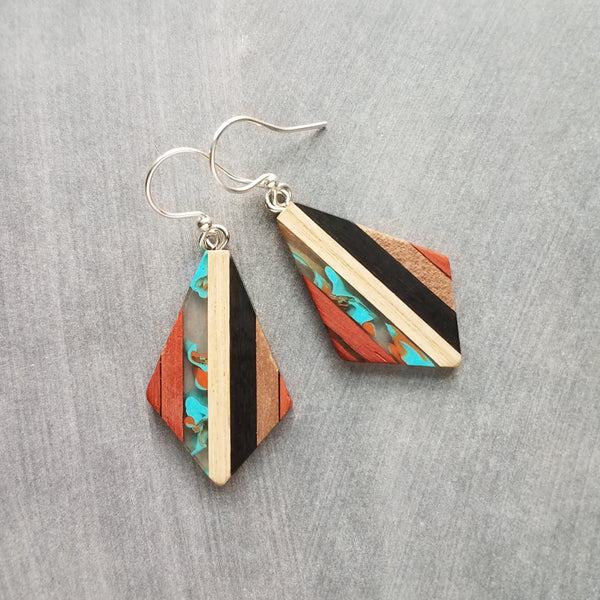 Wood Resin Stripe Earrings, natural wood strips, turquoise swirls, black brown rust wood tones, stainless steel hook upgrade, sterling silver hook upgrade, kite shaped earring, lightweight wood earrings, clear resin