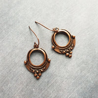 Copper Circle Earrings, small copper dangles, round copper ball accents, antique copper earring, rust brown, oxidized hoop earrings