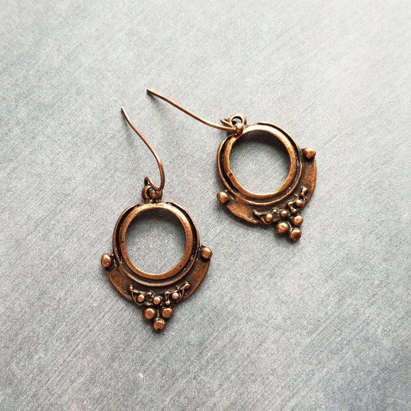 Copper Circle Earrings small copper dangles round copper ball accents antique copper earring rust brown oxidized hoop earrings
