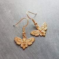 Gold Moth Earrings, insect earrings, moth jewelry, gold insect, bug earrings, transformation earrings, small moth dangles, moth charms