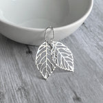 Silver Leaf Earrings, thin wispy leaves, modern leaf, leaf outline dangle filigree leaves, delicate cut out design opt sterling silver hooks