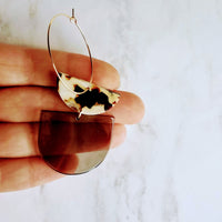 Chunky Geometric Earrings, large tortoise shell & smoky grey thick acrylic pieces in brown cream clear splotches, thin gold hoop, 80s hoop earrings