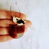 Chunky Geometric Earrings, large tortoise shell & smoky grey thick acrylic pieces in brown cream clear splotches, thin gold hoop, 80s hoop earrings