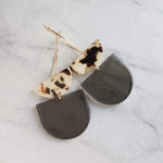 Chunky Geometric Earrings, large tortoise shell & smoky grey thick acrylic pieces in brown cream clear splotches, thin gold hoop, 80s hoop earrings
