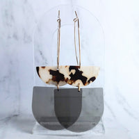 Chunky Geometric Earrings, large tortoise shell & smoky grey thick acrylic pieces in brown cream clear splotches, thin gold hoop, 80s hoop earrings