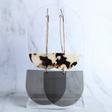 Chunky Geometric Earrings, large tortoise shell & smoky grey thick acrylic pieces in brown cream clear splotches, thin gold hoop, 80s hoop earrings