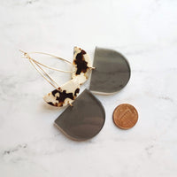 Chunky Geometric Earrings, large tortoise shell & smoky grey thick acrylic pieces in brown cream clear splotches, thin gold hoop, 80s hoop earrings