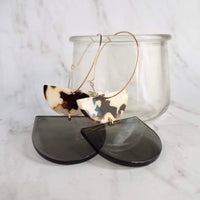 Chunky Geometric Earrings, large tortoise shell & smoky grey thick acrylic pieces in brown cream clear splotches, thin gold hoop, 80s hoop earrings
