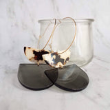 Chunky Geometric Earrings, large tortoise shell & smoky grey thick acrylic pieces in brown cream clear splotches, thin gold hoop, 80s hoop earrings