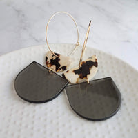 Chunky Geometric Earrings, large tortoise shell & smoky grey thick acrylic pieces in brown cream clear splotches, thin gold hoop, 80s hoop earrings