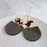 Chunky Geometric Earrings, large tortoise shell & smoky grey thick acrylic pieces in brown cream clear splotches, thin gold hoop, 80s hoop earrings