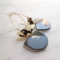 Chunky Geometric Earrings, large tortoise shell & smoky grey thick acrylic pieces in brown cream clear splotches, thin gold hoop, 80s hoop earrings