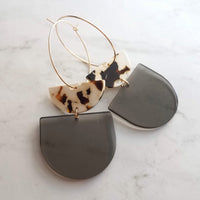 Chunky Geometric Earrings, large tortoise shell & smoky grey thick acrylic pieces in brown cream clear splotches, thin gold hoop, 80s hoop earrings