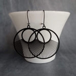 Large Black Earrings, large black circle earrings, matte black earrings, large earrings, spokes earring, sun ray earrings lightweight kidney