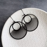 Large Black Earrings, large black circle earrings, matte black earrings, large earrings, spokes earring, sun ray earrings lightweight kidney