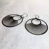 Large Black Earrings, large black circle earrings, matte black earrings, large earrings, spokes earring, sun ray earrings lightweight kidney