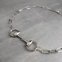 Silver Snaffle Bit Necklace, chunky stainless steel chain, equestrian necklace, silver horse necklace, D ring, thick silver paperclip chain